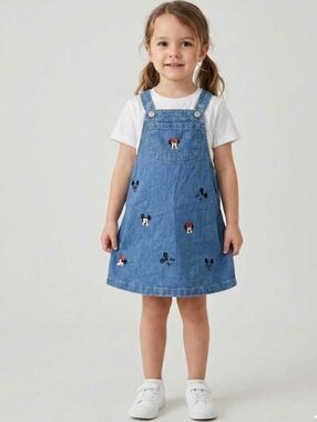 H&M Disney Overall Dress Denim Blue Minnie & Mickey Pinafore Size 2-3 Y